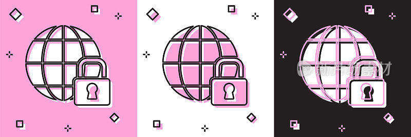 设置全局锁定-锁定的球体图标隔离在粉红色和白色，黑色背景上。向量