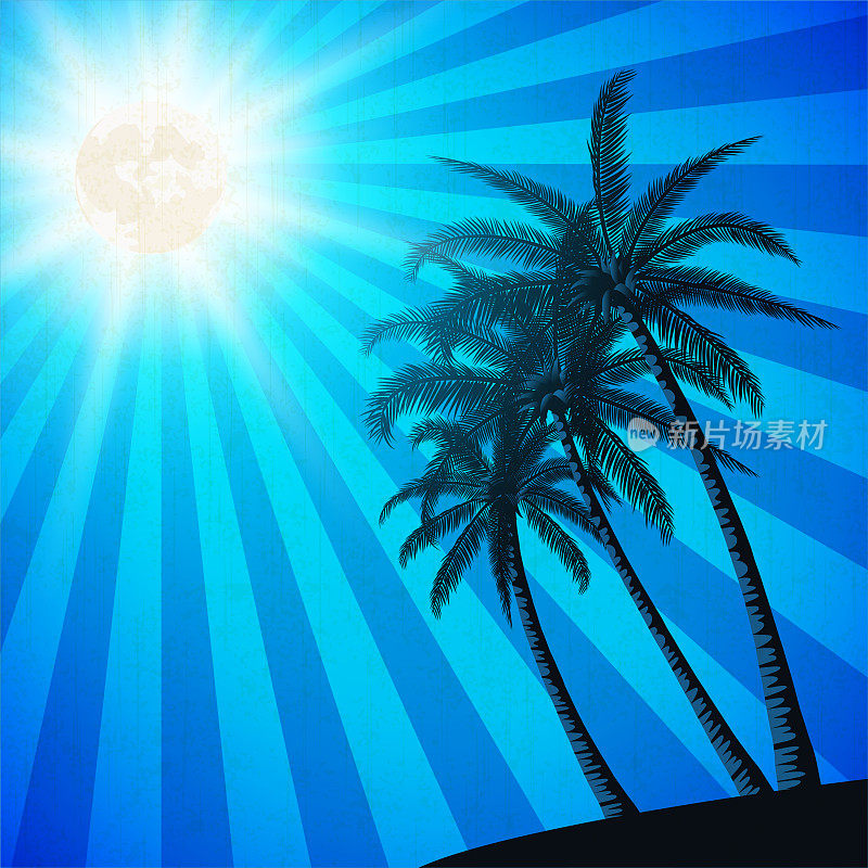 夏日热带日落与棕榈树。复古的背景。