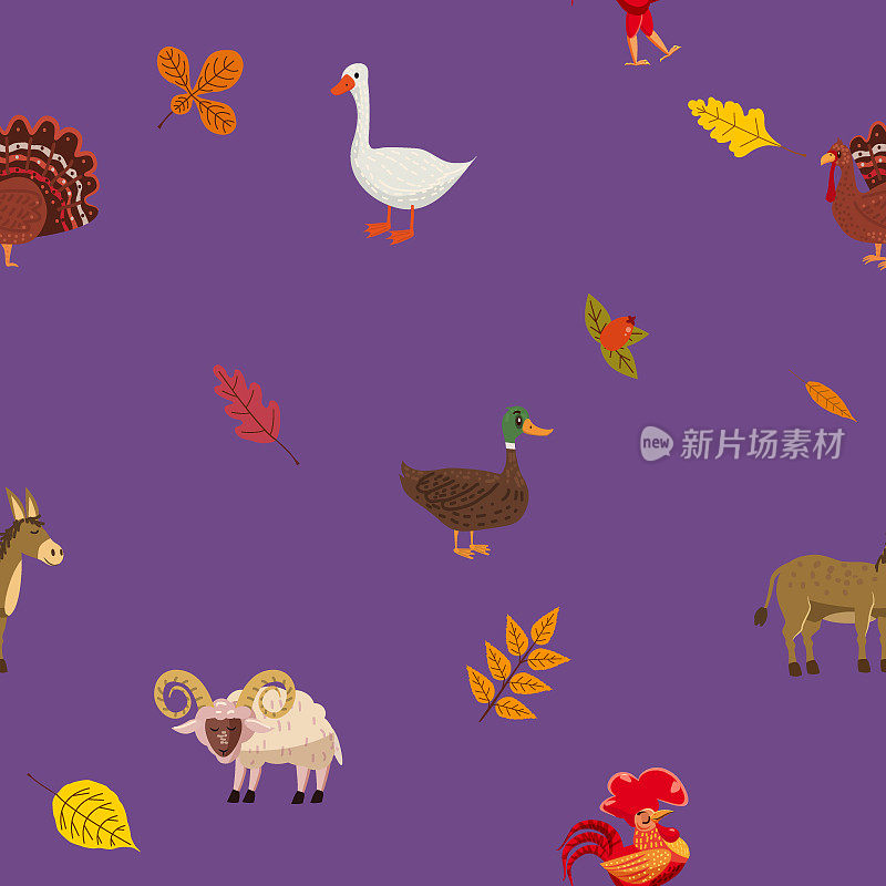 无缝秋季图案与农场动物羊、鹅、鸭。矢量背景卡通风格