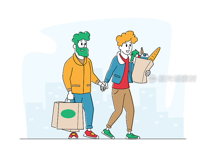 男人和女人的顾客角色与购物袋从商店购买商品。从杂货店搬走的幸福夫妇
