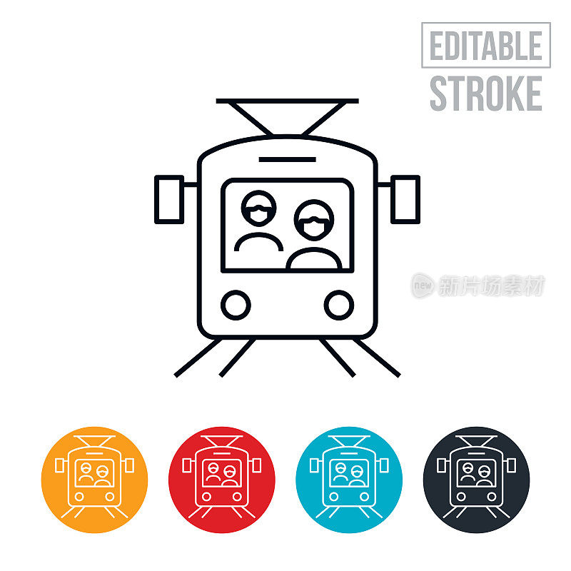 轻轨和乘客戴口罩细线图标-可编辑的笔触