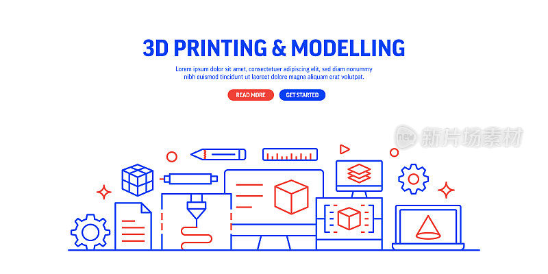 3D打印技术相关流程信息图表设计，线性风格矢量插图