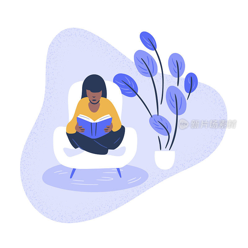 插图的女人阅读在舒适的扶手椅