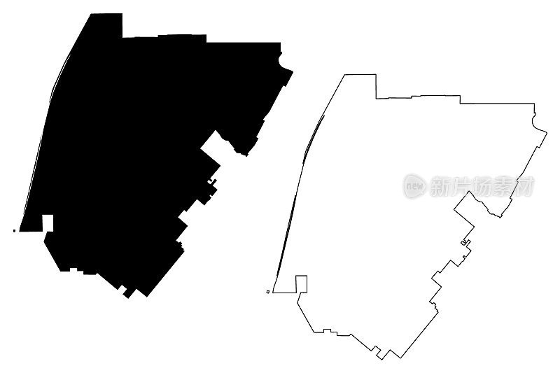 科斯塔梅萨市(美国加利福尼亚州城市、美利坚合众国城市、美国城市)地图矢量插图，科斯塔梅萨市地图草稿