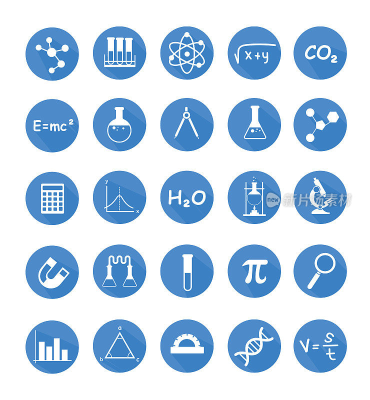 科技主题平面设计风格图标集。数学，化学，科学符号和公式和实验室元素集合向量插图设置孤立的白色背景。