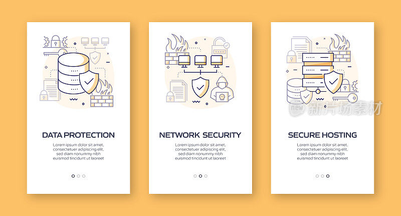 数据安全和网络安全概念的移动应用程序页面屏幕与平面图标。用户体验，用户界面设计模板矢量插图