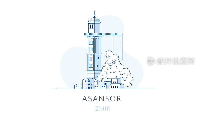 Asansor,伊兹密尔。伊兹密尔的著名地标，旅游景点，天际线矢量插图，网页线形图，移动应用程序和测谎仪。