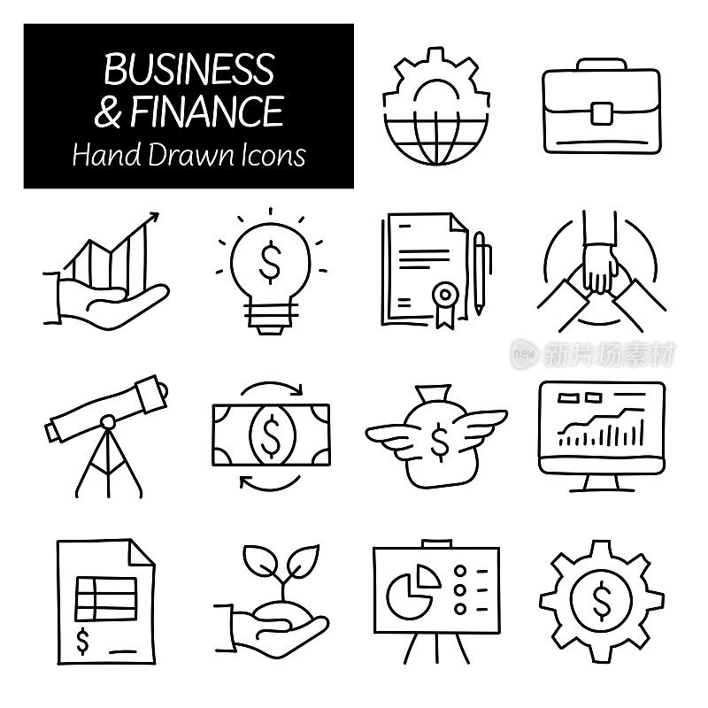 商业和金融相关手绘图标，涂鸦元素矢量插图