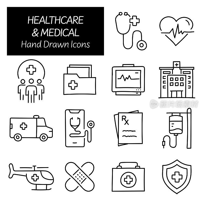 医疗保健和医疗相关手绘图标，涂鸦元素矢量插图