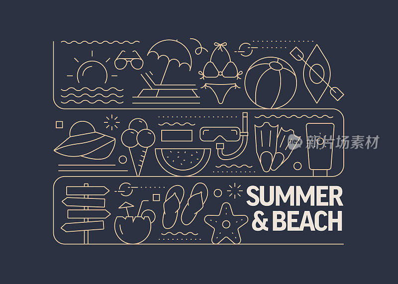 夏季和海滩相关的矢量横幅设计概念，与图标的现代线条风格