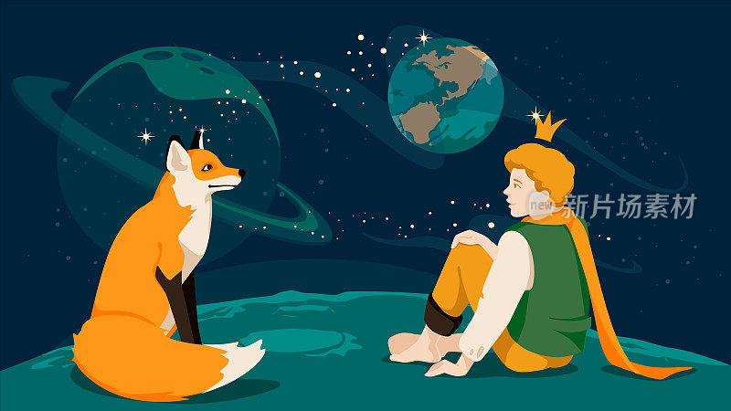 小王子和他的朋友狐狸在夜空中的行星上交谈。著名童话故事。
