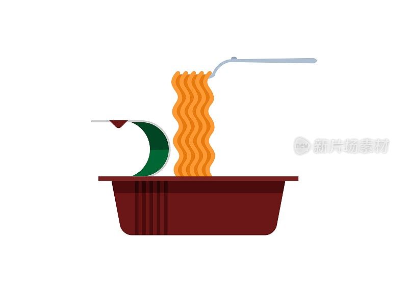塑料碗里的方便面，用叉子卷着面条。简单的平面插图。