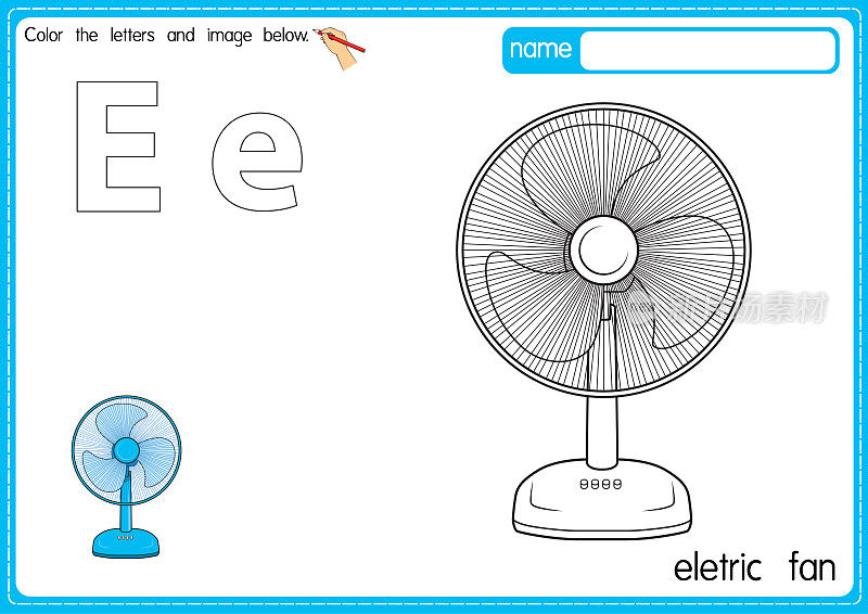 矢量插图的儿童字母着色书页与概述剪贴画，以颜色。字母E代表电风扇。