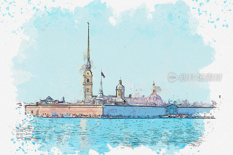 在俄罗斯圣彼得堡的涅瓦河著名地标上，用水彩画描绘了彼得和保罗城堡的风景。