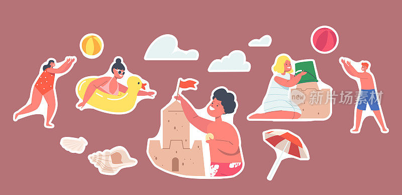 一套贴纸快乐的孩子在假期，小孩子的角色在海滩上建筑沙城堡和玩球