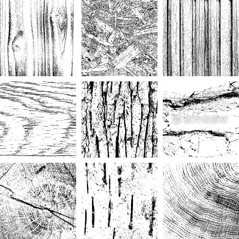 木材自然切片垃圾纹理设置。黑色灰尘Scratchy图案收集。抽象的背景。矢量设计作品。变形的效果。裂缝。