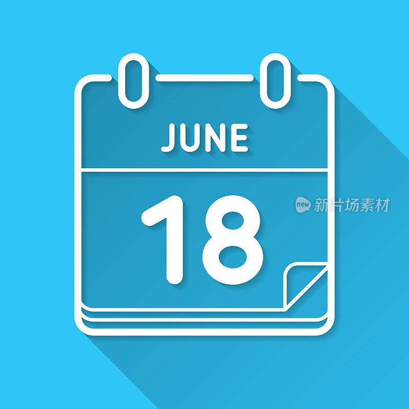 6月18日。蓝色背景上的图标-长阴影平面设计