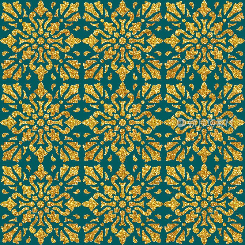 金箔手绘金属瓦。无缝阿拉伯风格模式。向量瓷砖图案，里斯本阿拉伯花卉马赛克，地中海无缝金色装饰。