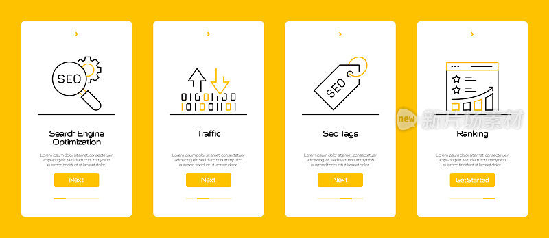 搜索引擎优化概念Onboarding移动应用程序页面屏幕与平面图标。UI设计模板矢量插图