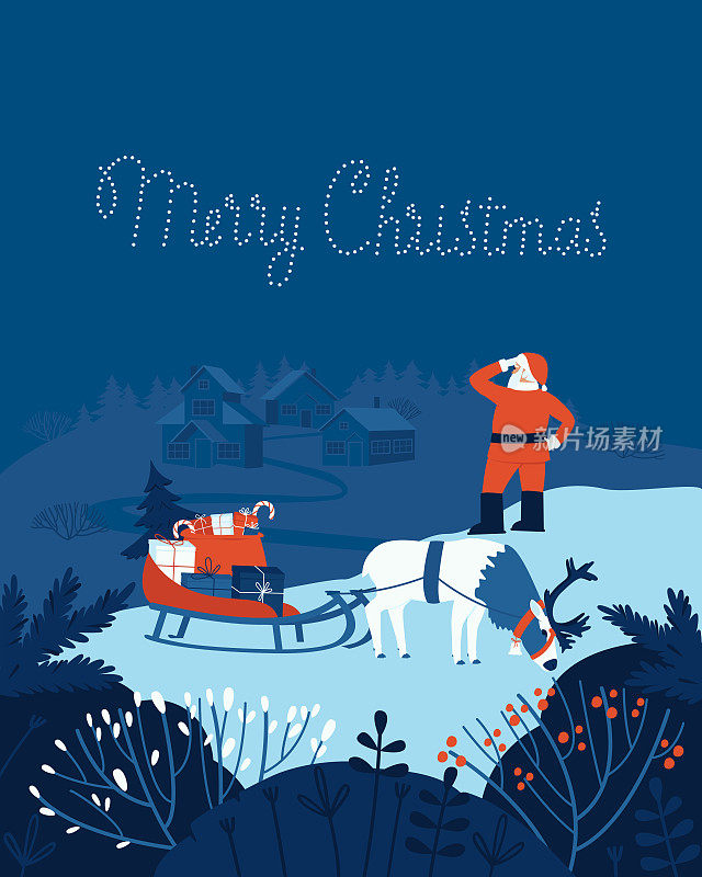 这是一张圣诞老人的明信片，他给鹿带来了礼物，看着远处的村庄