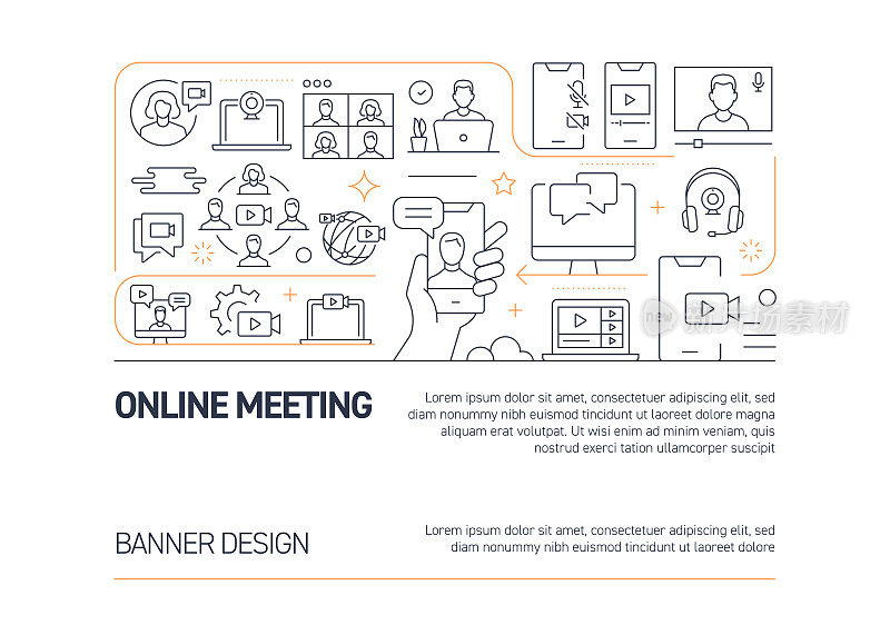 在线会议相关矢量横幅设计概念，现代线条风格与图标