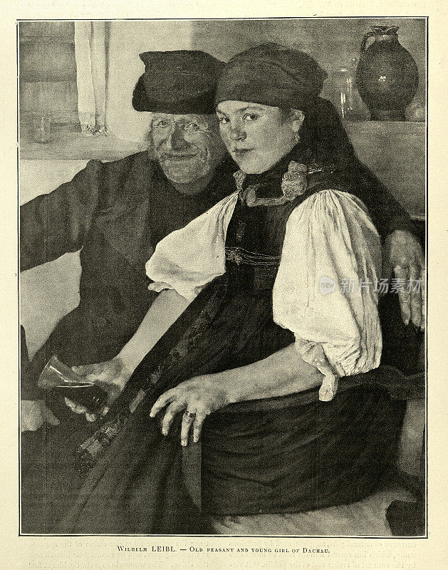 达豪的老农民和年轻女孩的肖像，威廉·莱布，19世纪维多利亚时代