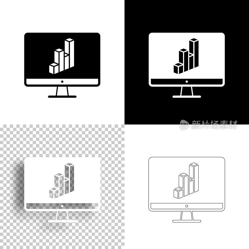 台式电脑与三维图表。图标设计。空白，白色和黑色背景-线图标