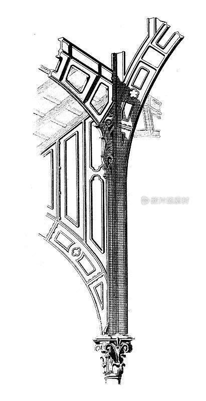 古董插图:建筑和建筑:里昂市场的细节