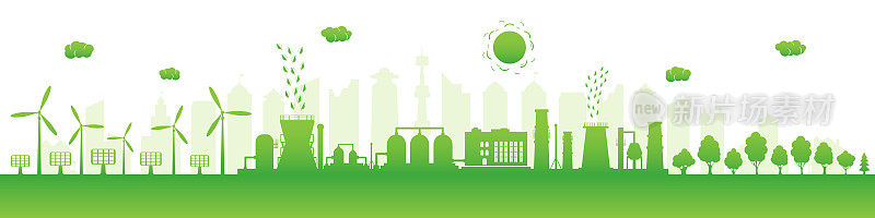 环境友好型生产。绿色能源，包括风能和太阳能板。绿色城市的剪影。认为绿色。矢量插图。