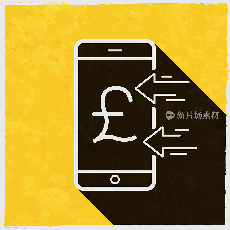用智能手机接收英镑。图标与长阴影的纹理黄色背景