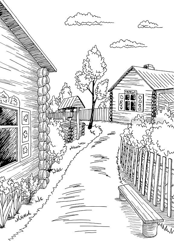 旧村庄图形黑白乡村垂直景观素描插图矢量