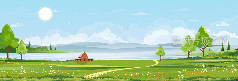 湖畔乡村春景，绿野青山，蓝天白云，矢量自然卡通风光