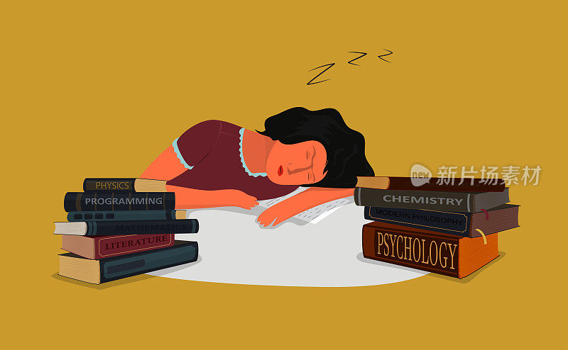 那个疲倦的女孩在物理、文学、数学、化学、心理学等书籍中睡着了。