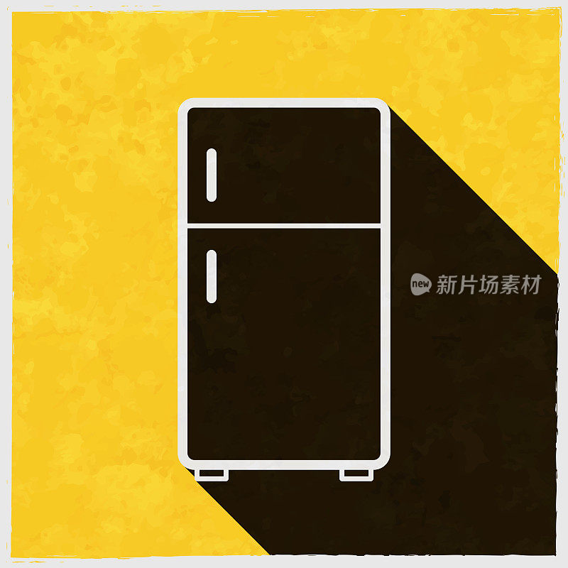 冰箱。图标与长阴影的纹理黄色背景