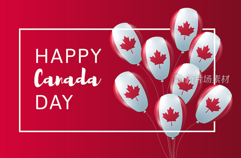 背景是加拿大国家颜色的气球。加拿大日矢量卡。有枫叶的红色和白色气球。加拿大国庆日快乐。加拿大的设计