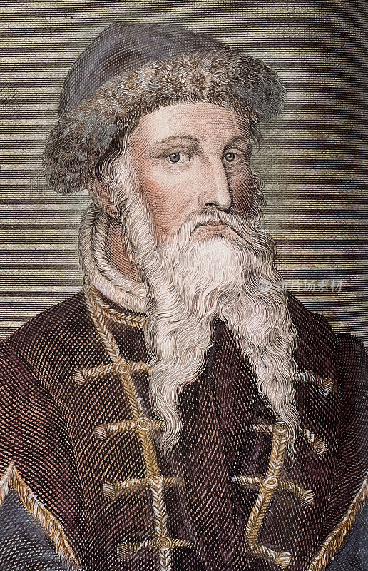 约翰内斯古登堡的肖像，帽子和长长的白胡子