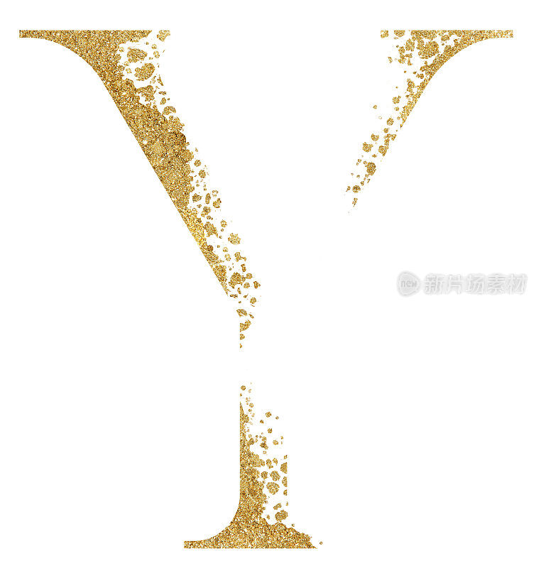 金色闪耀的大写字母Y配合分散效果孤立的插图，喜庆的设计元素