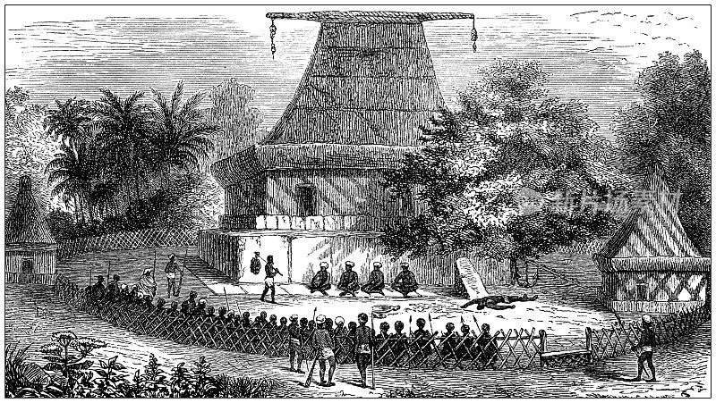 古董插图，民族志和土著文化:斐济，寺庙