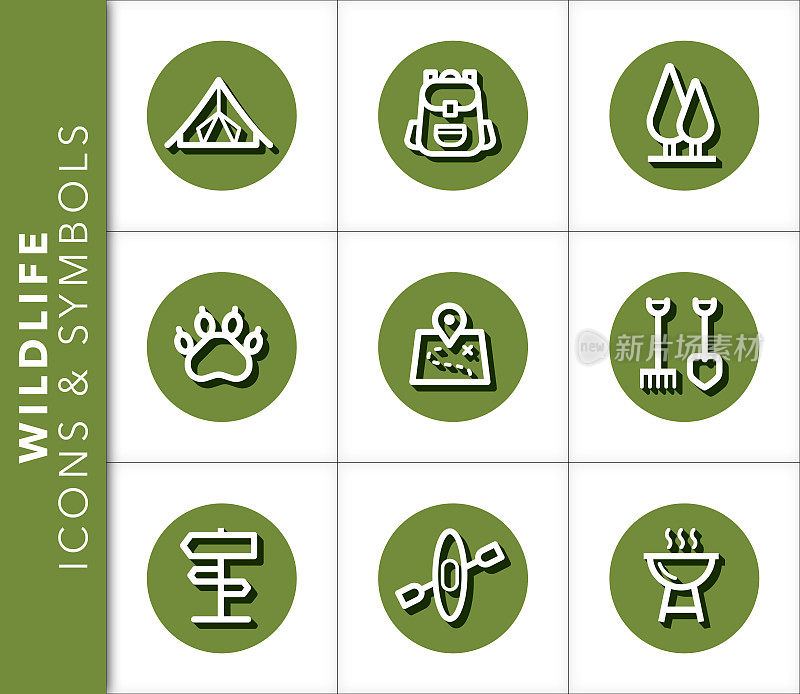 图标和符号设置相关的野生动物和露营的阴影在绿色背景