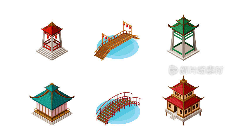 传统亚洲建筑的对象设置。中国和日本的建筑，桥梁，塔矢量插图