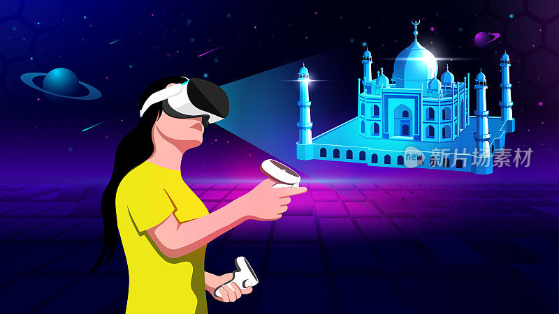 在虚拟现实矢量插图中可视化和实验印度泰姬陵纪念碑的3D模型