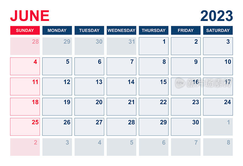 2023年6月日历。日历计划设计模板。一周从周日开始。业务矢量图