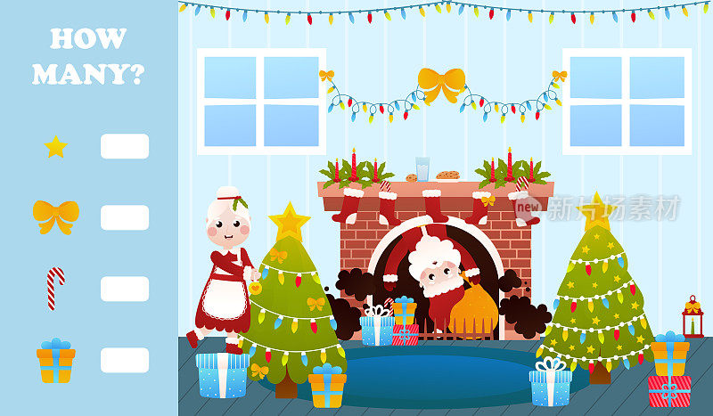 圣诞谜语为孩子与圣诞老人从烟囱来，圣诞老人装饰树，打印工作表