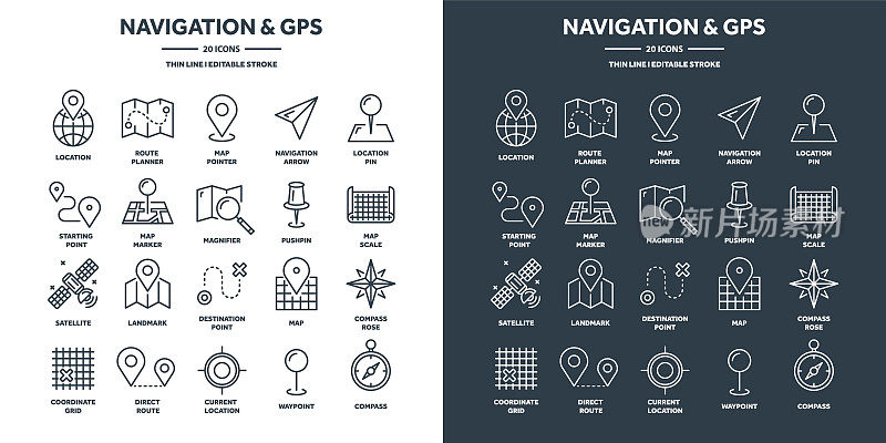 导航地图和地理定位，GPS定位。坐标网格象限，基点，定位器。旅行路线和航路点规划。细线网页图标设置。矢量图