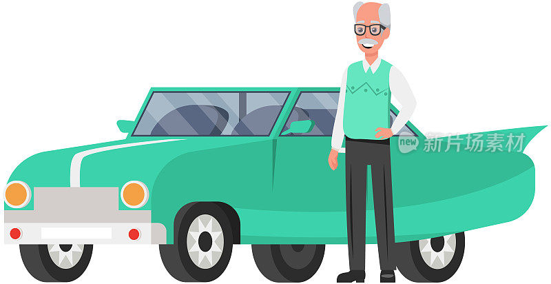年长的秃头男子旁边是他的私人交通工具。年长的男性角色戴着眼镜，靠近复古车