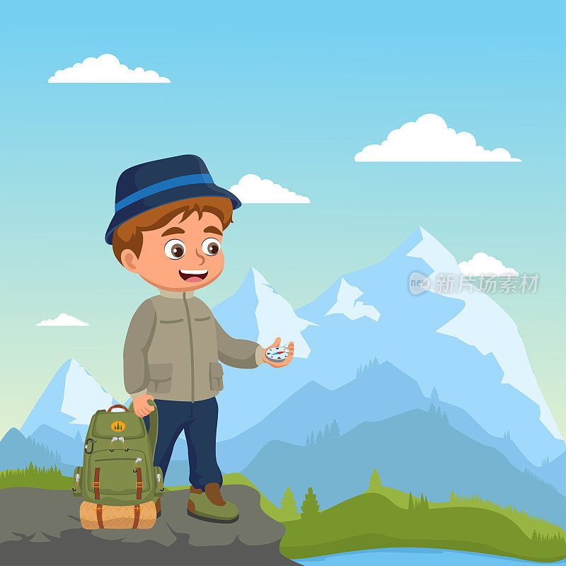 男孩去大自然远足。男孩停留在山的风景。男孩旅行，旅游和徒步旅行。
