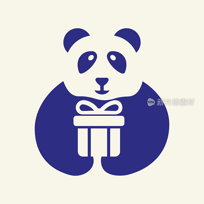 熊猫礼品盒Logo负空间概念矢量模板。熊猫手持礼品盒符号