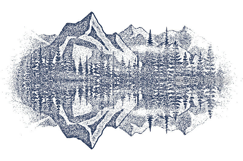森林和群山都映在湖面上，矢量素描，仿铅笔画
