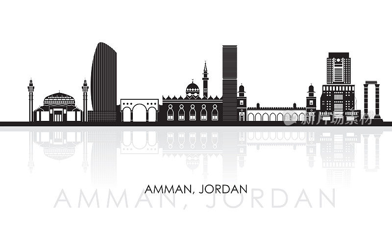 剪影天际线全景的城市安曼，约旦