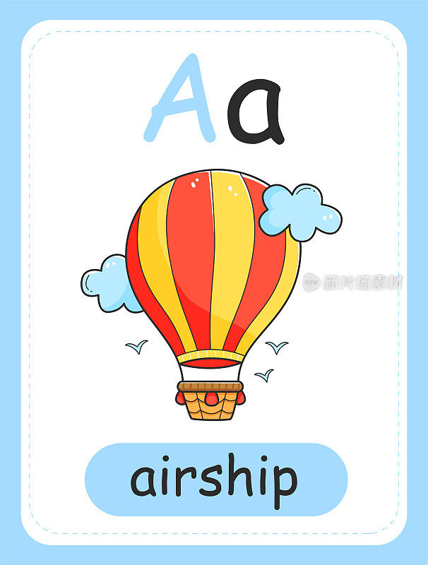 儿童字母卡，上面有字母A和飞艇。儿童教育卡。飞艇这个词，英文字母。